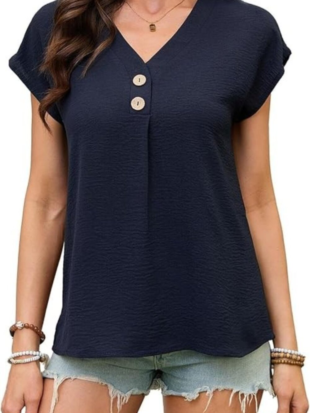 Dukakll Women's Casual Shirt Sleeveless V-Neck Button Down Top Dark Blue Size L